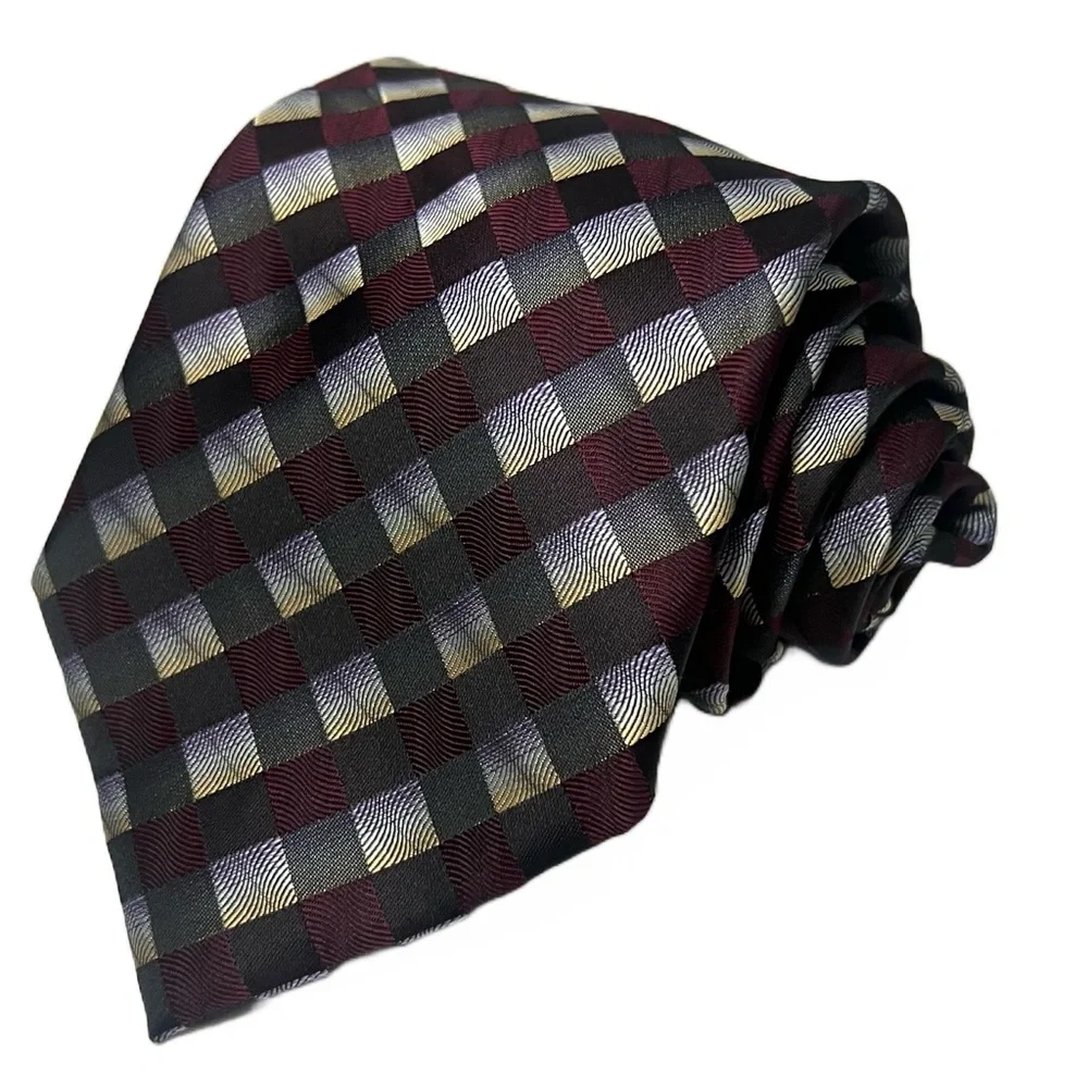 Alexander Julian Handmade Men’s Designer Tie‎ Burgundy Gray Checkered Necktie